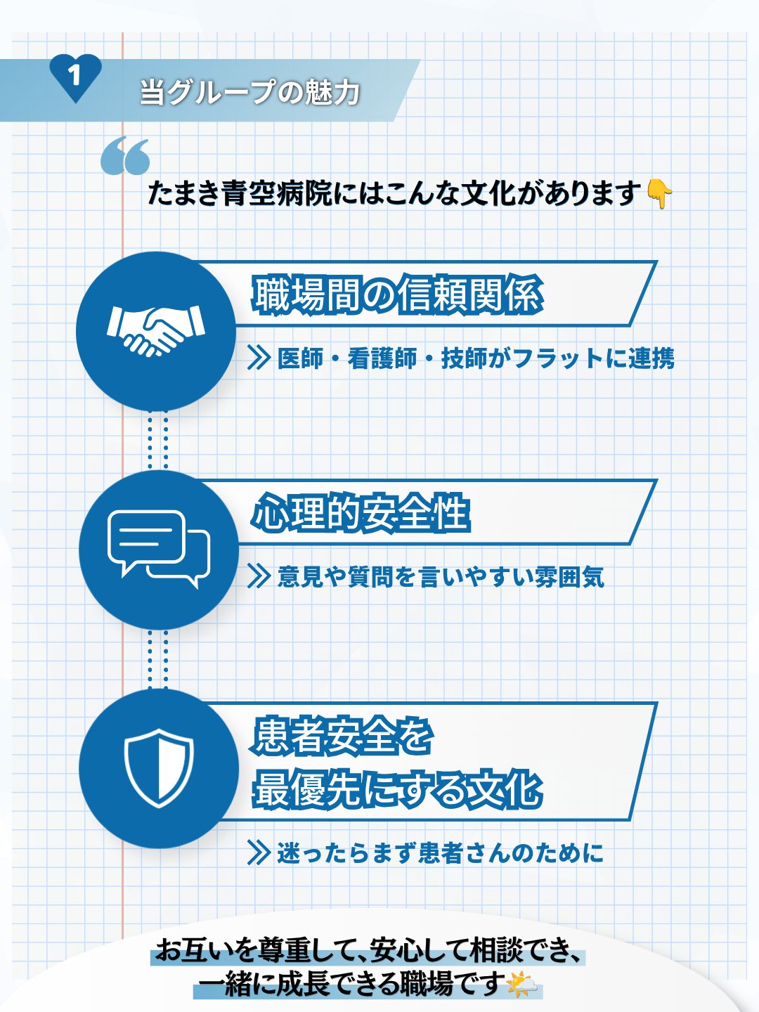 当グループの魅力、職場間の信頼関係・心理的安全性・患者安全を最優先にする文化